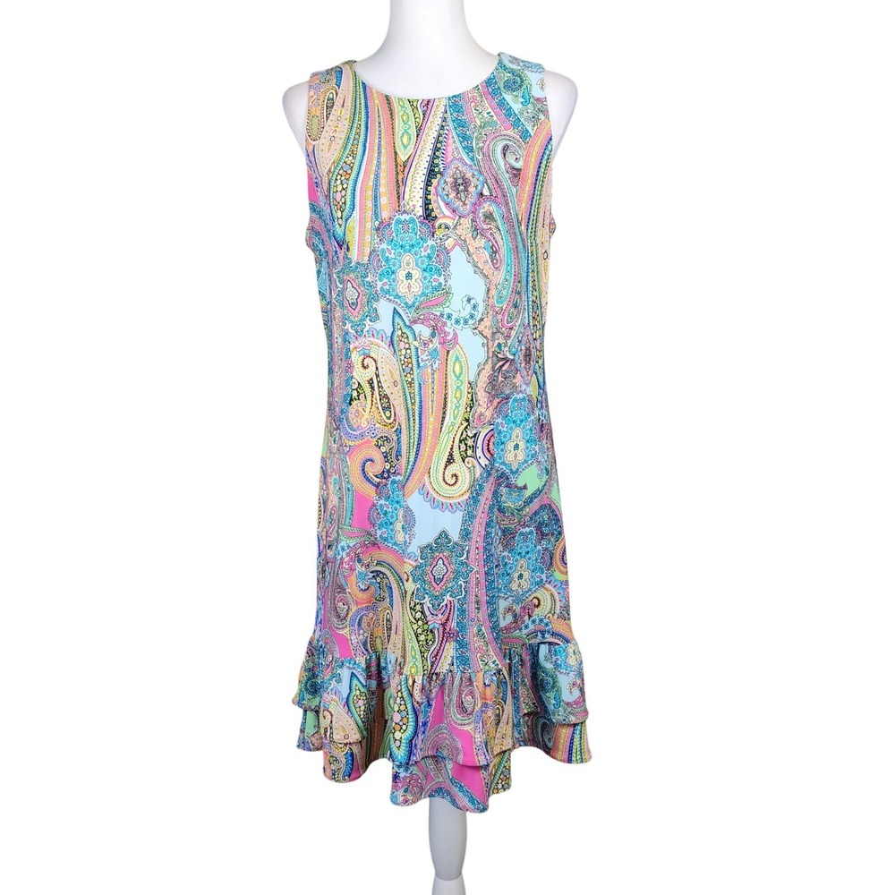 Tommy Hilfiger Paisley Shift Dress Womens 10‎ Pink Multi Ruffle Stretch Casual